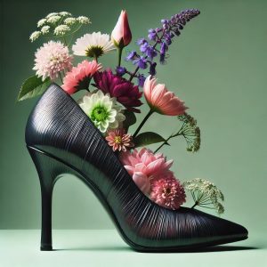  Sapato de salto preto decorado com flores, destacando a união entre moda e sustentabilidade com o uso de tecidos sustentáveis.