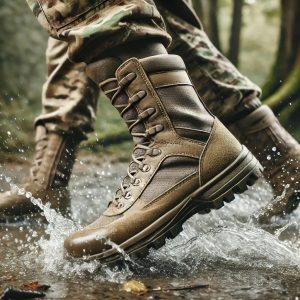 Bota impermeável, marrom, pisando na poça de água para mostrar que não entra agua de forma alguma