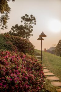 Foto da fábrica da ITM, uma planta industrial que mescla tecnologia têxtil com sustentabilidade. Lindo ambiente, natureza e moda. 