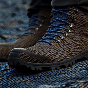 Imagem de uma bota de caminhada, hiking, para ilustrar o lançamento de tecidos CORDURA, ultraresistentes a rasgos, ideais para calçados de segurança, calçados esportivos e calçados em geral. 