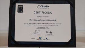 Foto do certificado obtido pela ITM - Selo Prata - Origem Sustentável 