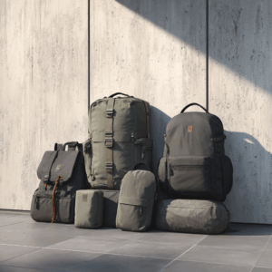 Conjunto de mochilas feitas com tecido CORDURA® ITM, homologados pela Invista. 