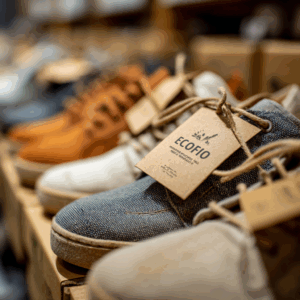 Prateleira de tênis, sapatos femininos, calçados masculinos e infantis feitos com tecidos sustentáveis da ITM da família ECOFIO. 
