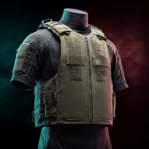 Foto de um manequim com um colete balistico, tecido CORDURA e CORDURA NYCO ITM, homologado CORDURA
