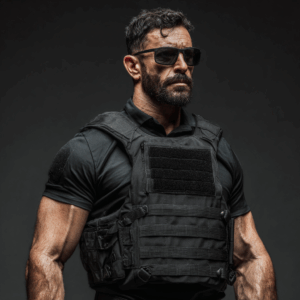 Homem usando Foto de um manequim com um colete balistico, tecido CORDURA e CORDURA NYCO ITM, homologado CORDURA