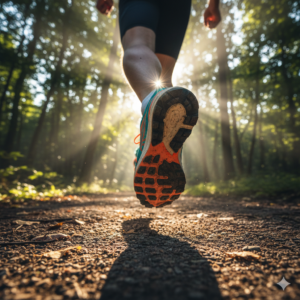 Imagem de um corredor na floresta, com foco no calçado esportivo para destacar como um forro leve e com gerenciamento de umidade é fundamental para corrida, forros com tecidos ITM.